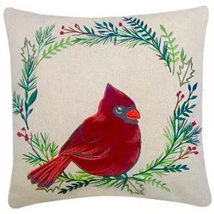 St. Nicholas Square Christmas EMBROIDERED CARDINAL BERRY WREATH Throw Pillow